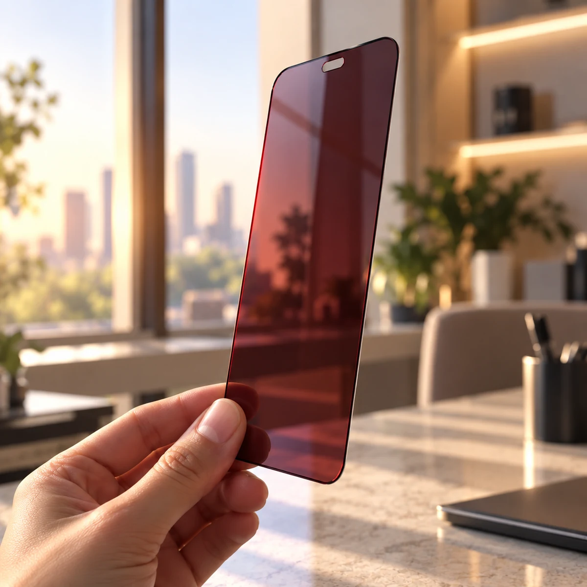 Protector de pantalla para iPhone sostenido con una mano en un entorno interior.