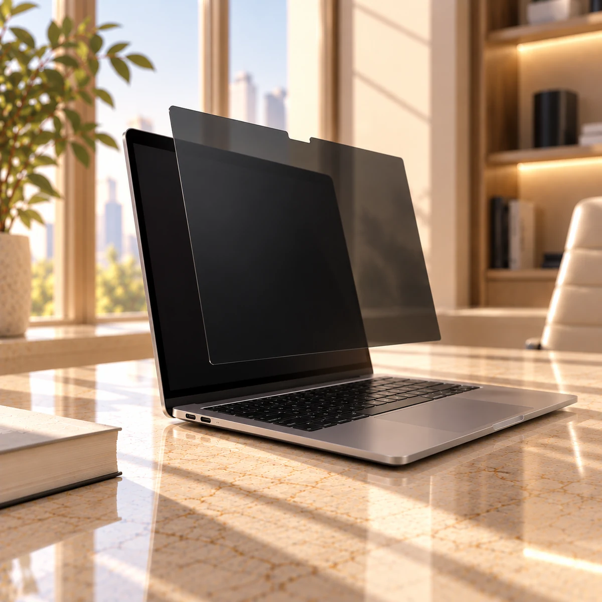 MacBook con filtro de privacidad magnético en un entorno interior.