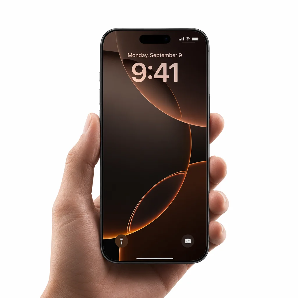 Una mano sostiene un iPhone de frente sobre fondo blanco. Imagen provisional de la colección.
